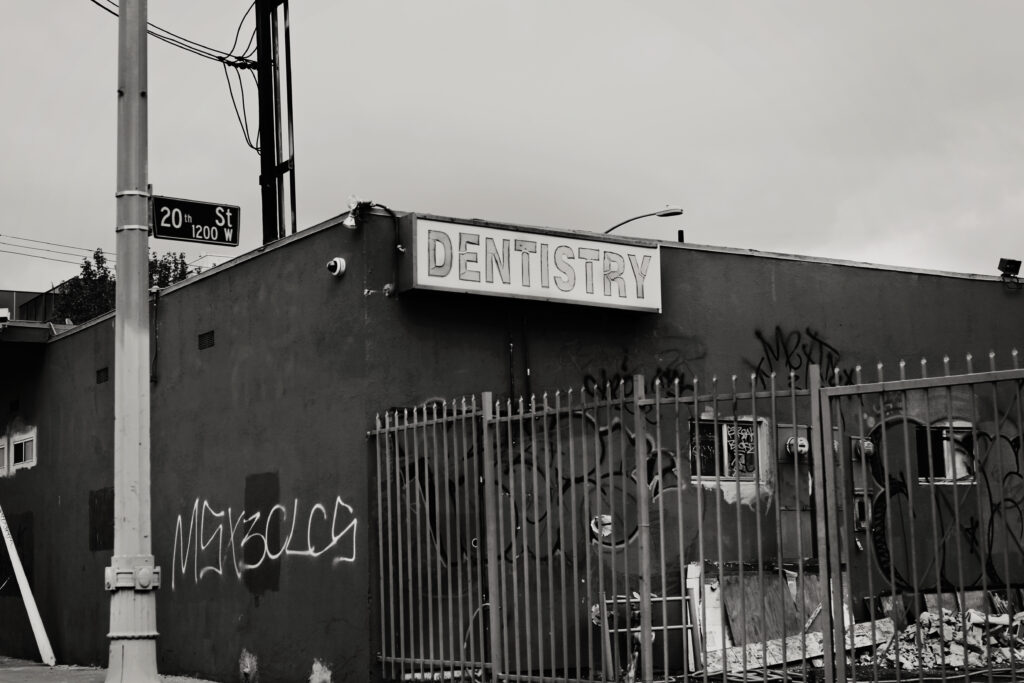 Black and white street photography example of a Dentist office in downtown LA