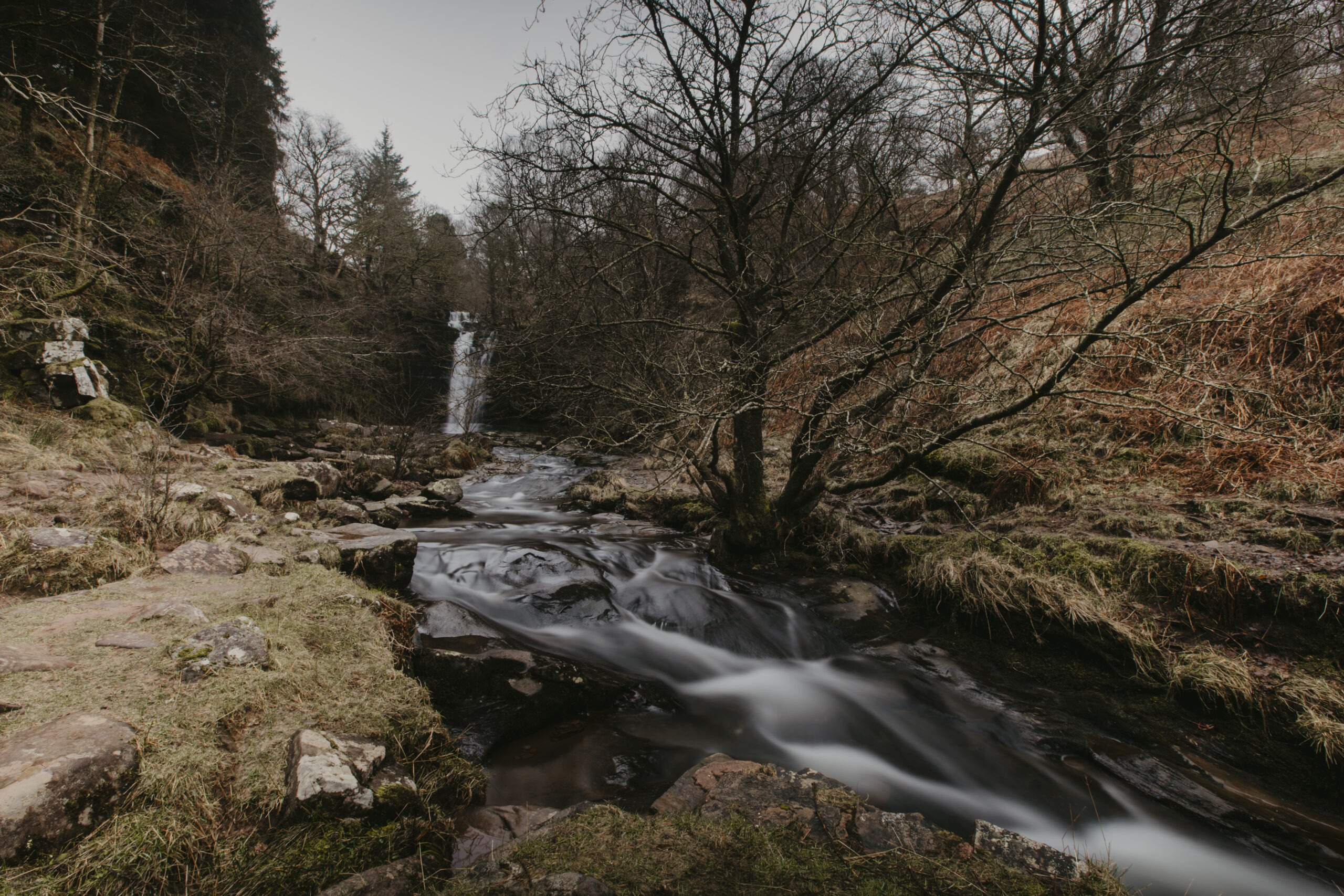 Landscape of stream and waterfall in Brecon Beacons